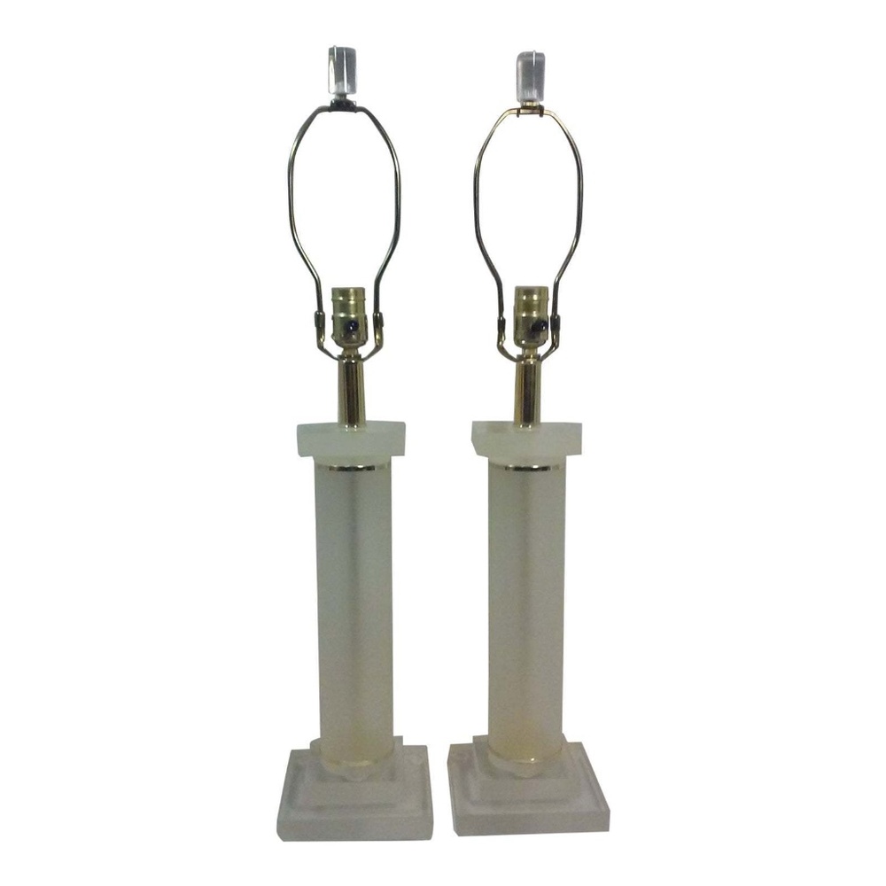 Vintage Karl Springer Style Frosted Lucite Table Lamps and Finials-A Pair